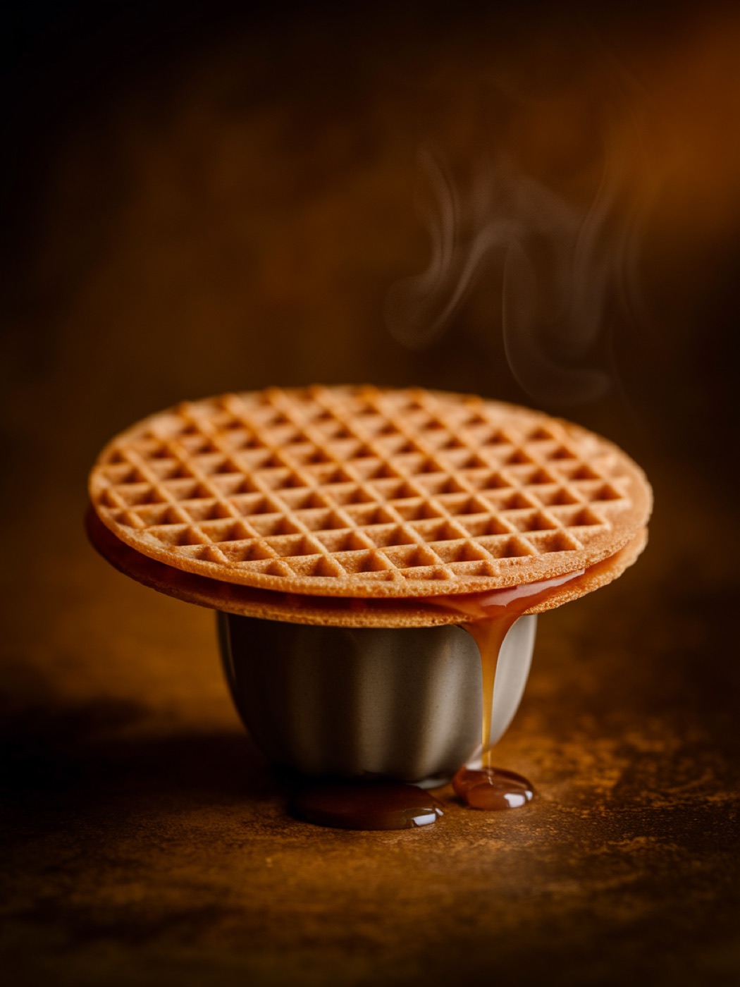 A Zaffles stroopwafel resting on top of a steaming espresso cup